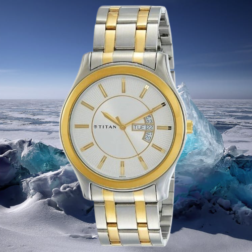Titan Day & Date Watch for Men, White Dial Two Tone Steel Strap