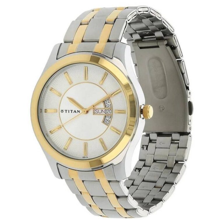 Titan Day & Date Watch for Men, White Dial Two Tone Steel Strap - Image 3