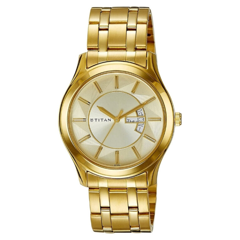 Titan Golden Dial Stainless Steel Strap Watch for Men with Day and Date - Image 2