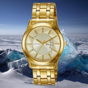 Titan Golden Dial Stainless Steel Strap Watch for Men with Day and Date