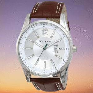 Titan Watch for Men, Silver Dial Brown Leather Strap Analog Men’s Watch