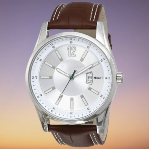 Watch for Men, Silver Dial Brown Leather Strap Analog Men’s Watch