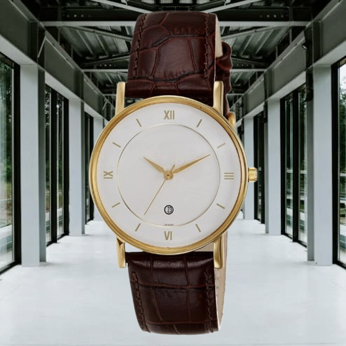 Analog White Dial Brown Leather Strap Wrist Watch for Men