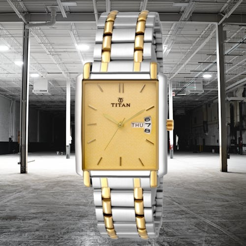 Titan Golden Dial Two Tone Stainless Steel Strap Watch for Men