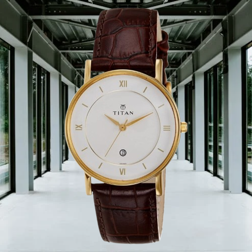 Titan Analog White Dial Brown Leather Strap Wrist Watch for Men